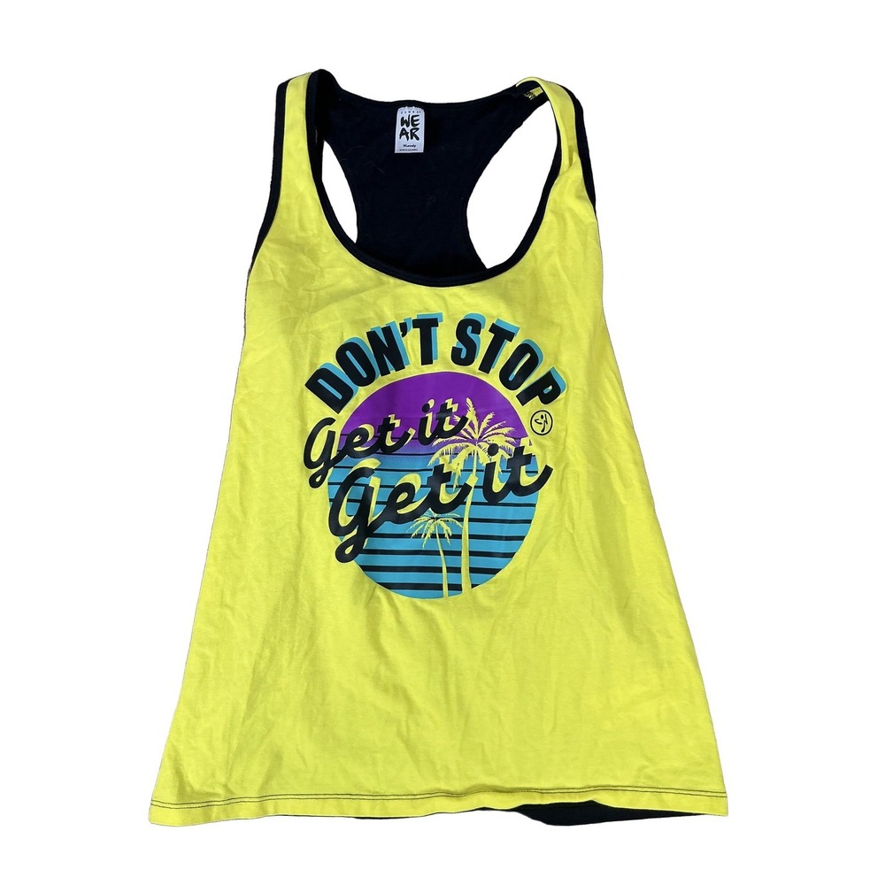 Zumba Wear Don't Stop Get It Tank Top Women XL Neon Yellow Black Reversible